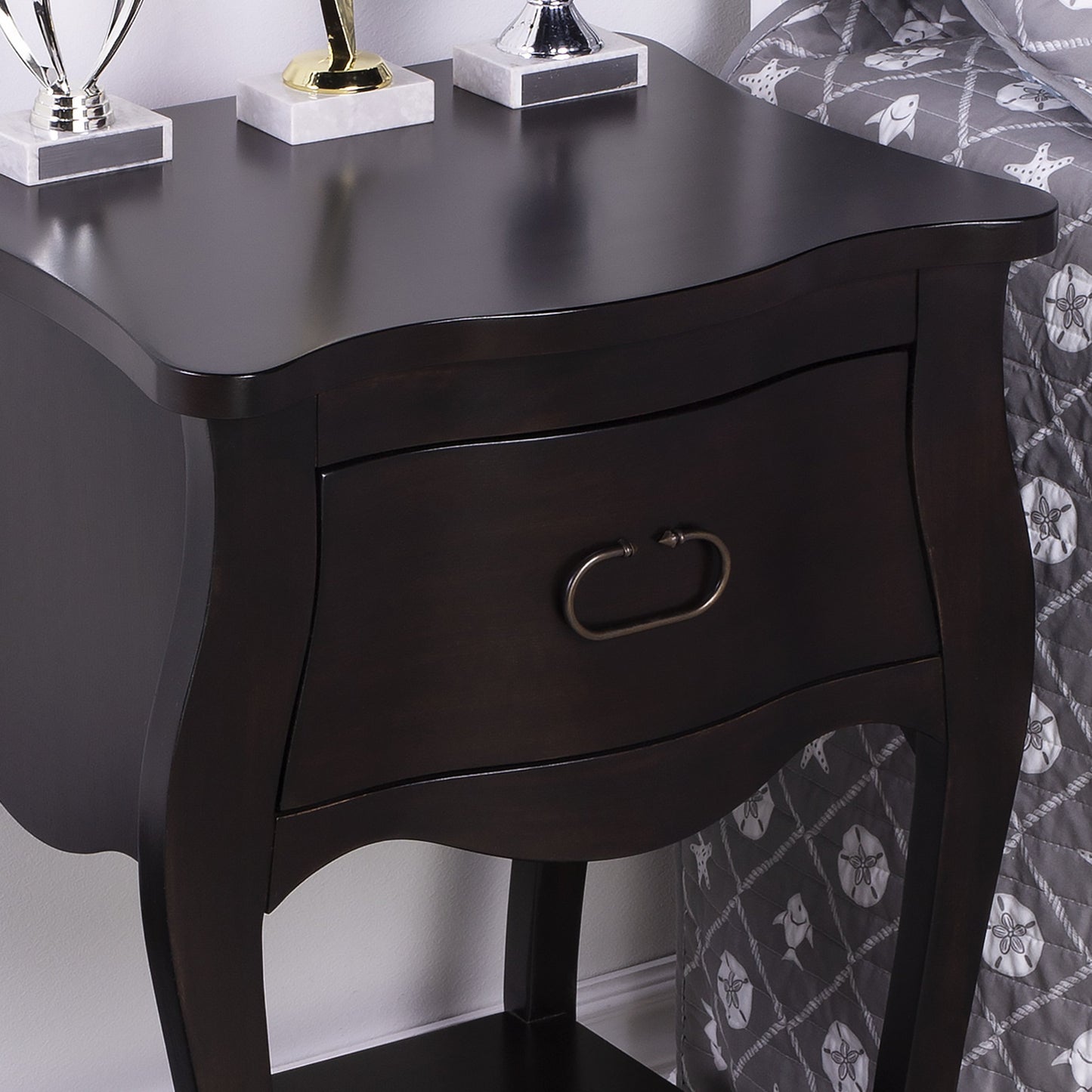 009 SR-770504 | Closeup | Rochelle Night Stand by Butler Specialty Company in dark brown and chocolate. Made from mahogany wood veneers, mdf, plywood, hardware: iron, antiqued dark finish in a traditional style.