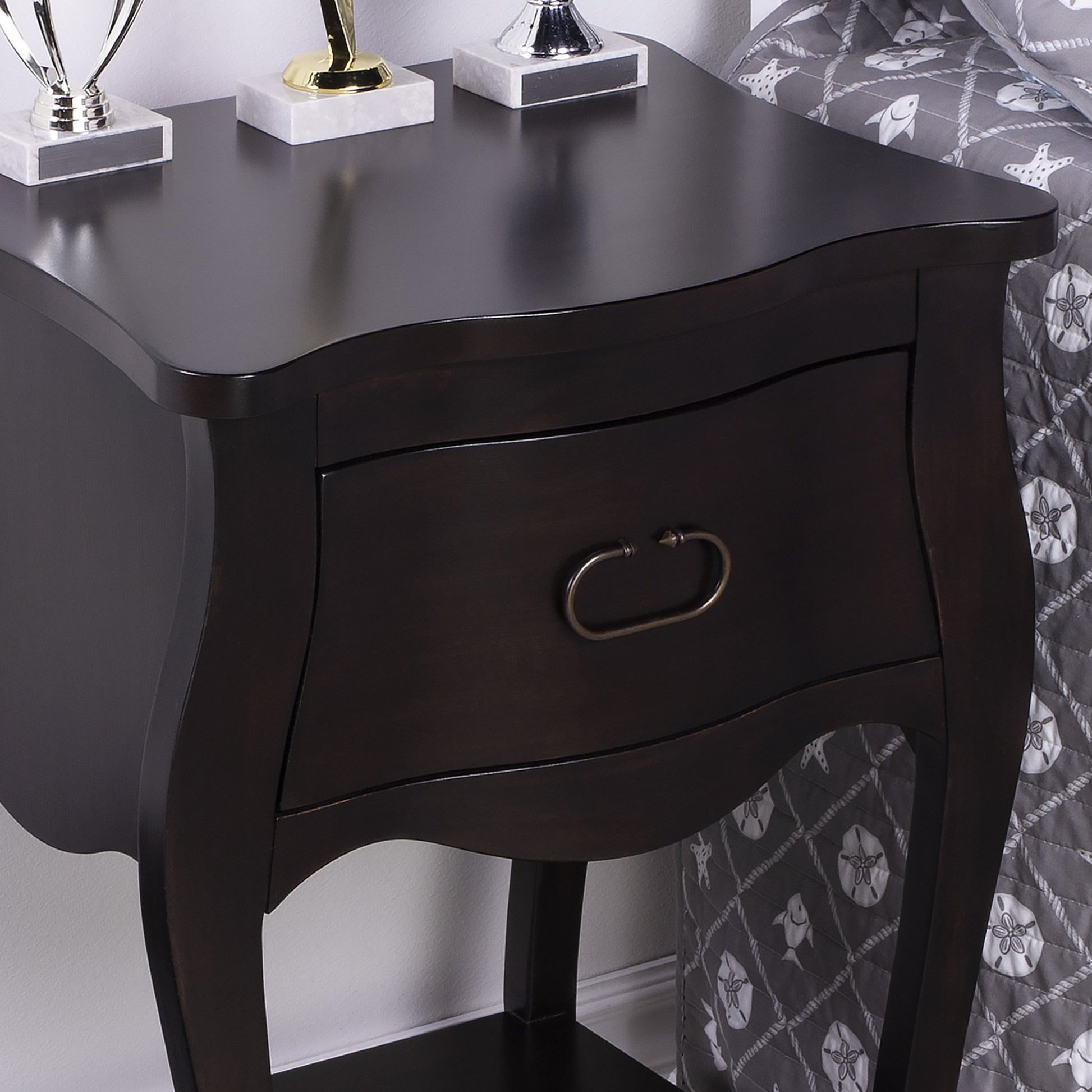 Rochelle Night Stand by Butler Specialty Company in dark brown and chocolate. Made from mahogany wood veneers, mdf, plywood, hardware: iron, antiqued dark finish in a traditional style.