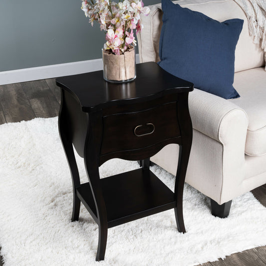 Rochelle Night Stand by Butler Specialty Company in dark brown and chocolate. Made from mahogany wood veneers, mdf, plywood, hardware: iron, antiqued dark finish in a traditional style.