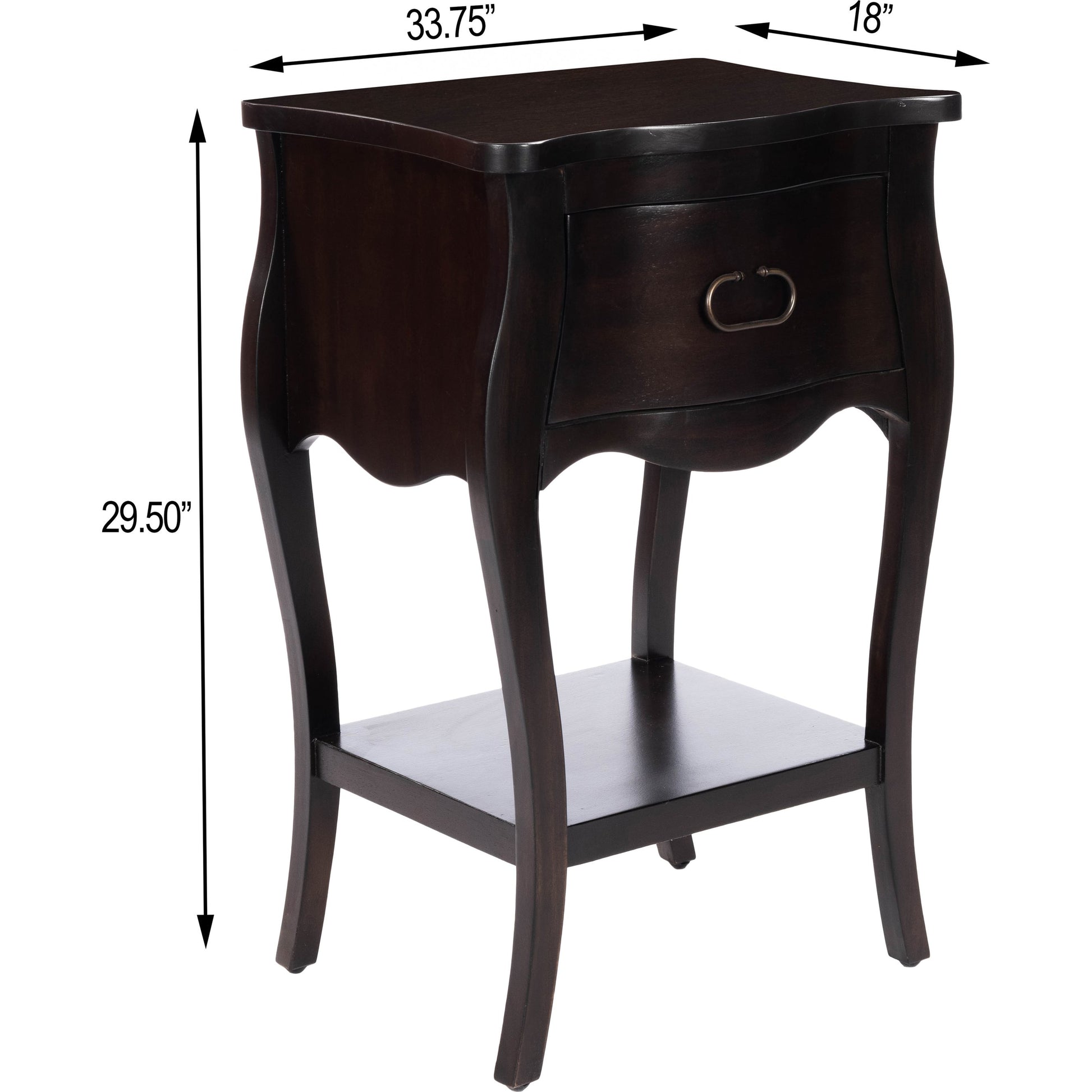 Rochelle Night Stand by Butler Specialty Company in dark brown and chocolate. Made from mahogany wood veneers, mdf, plywood, hardware: iron, antiqued dark finish in a traditional style.