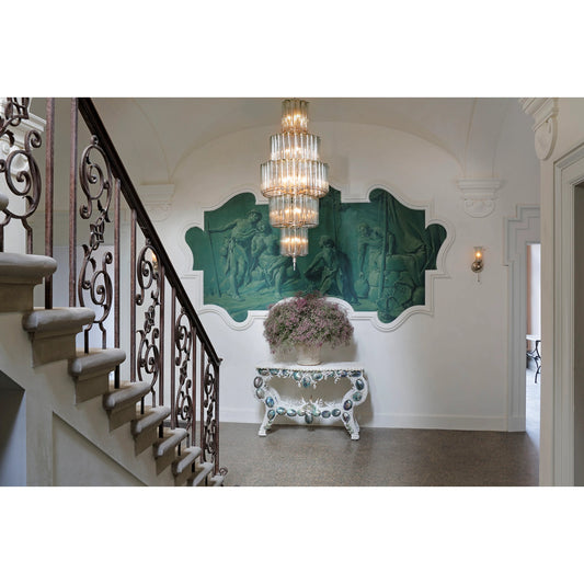 Bevilacqua Chandelier by Currey and Company in silver leaf. Made from wrought iron, glass in a traditional style.