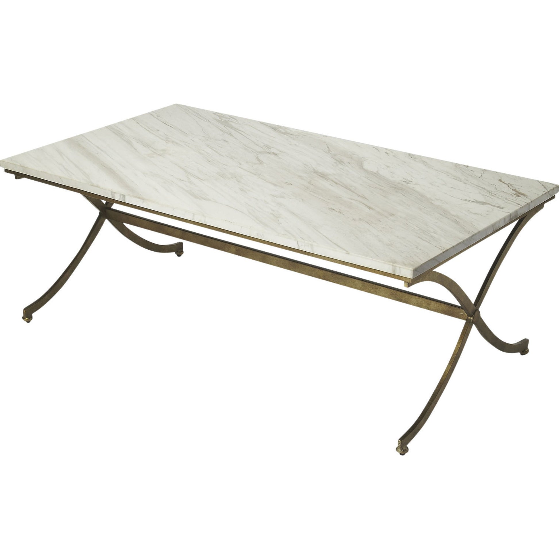 Pamina Travertine Cocktail Table by Butler Specialty Company in gold and antique gold. Made from travertine top: kala, metal in a modern style.