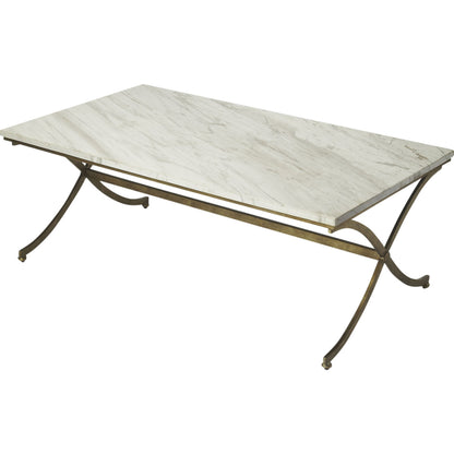 Pamina Travertine Cocktail Table by Butler Specialty Company in gold and antique gold. Made from travertine top: kala, metal in a modern style.