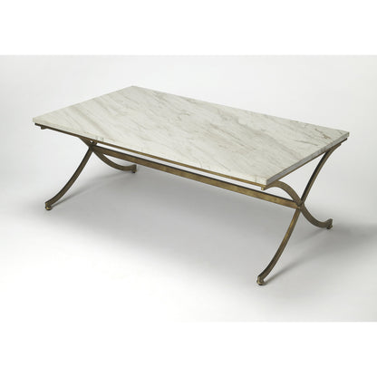 Pamina Travertine Cocktail Table by Butler Specialty Company in gold and antique gold. Made from travertine top: kala, metal in a modern style.
