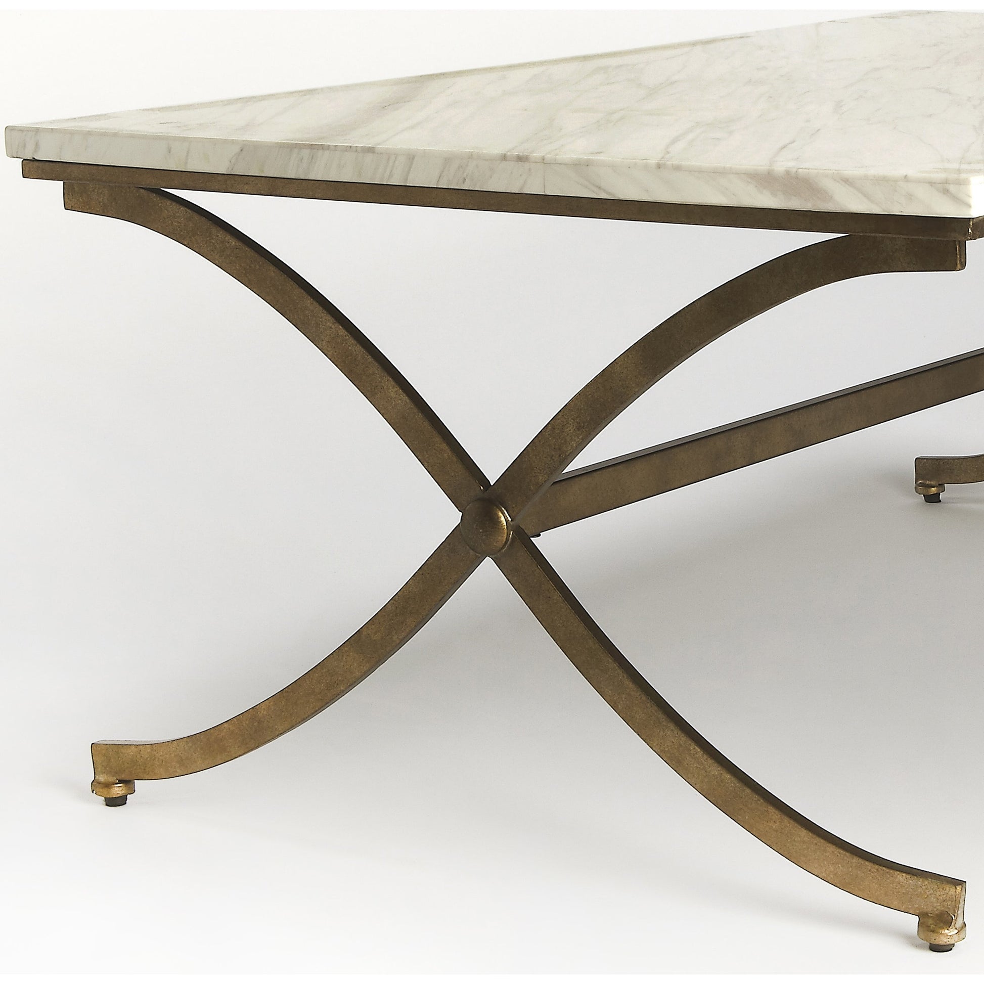 Pamina Travertine Cocktail Table by Butler Specialty Company in gold and antique gold. Made from travertine top: kala, metal in a modern style.