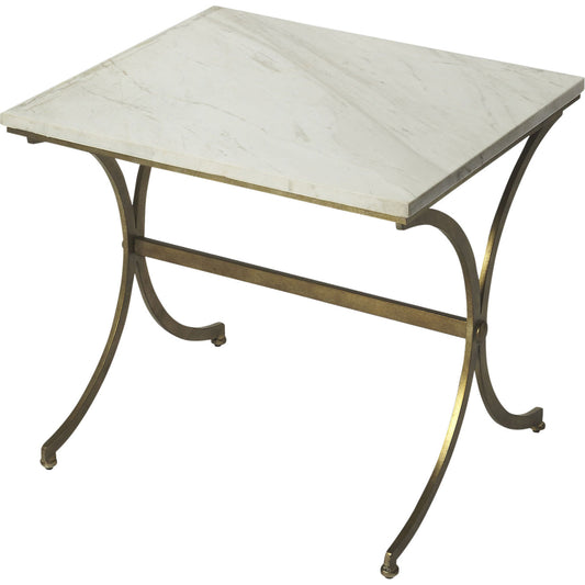 Pamina Travertine Accent Table by Butler Specialty Company in gold and antique gold. Made from travertine top: kala, metal in a modern style.