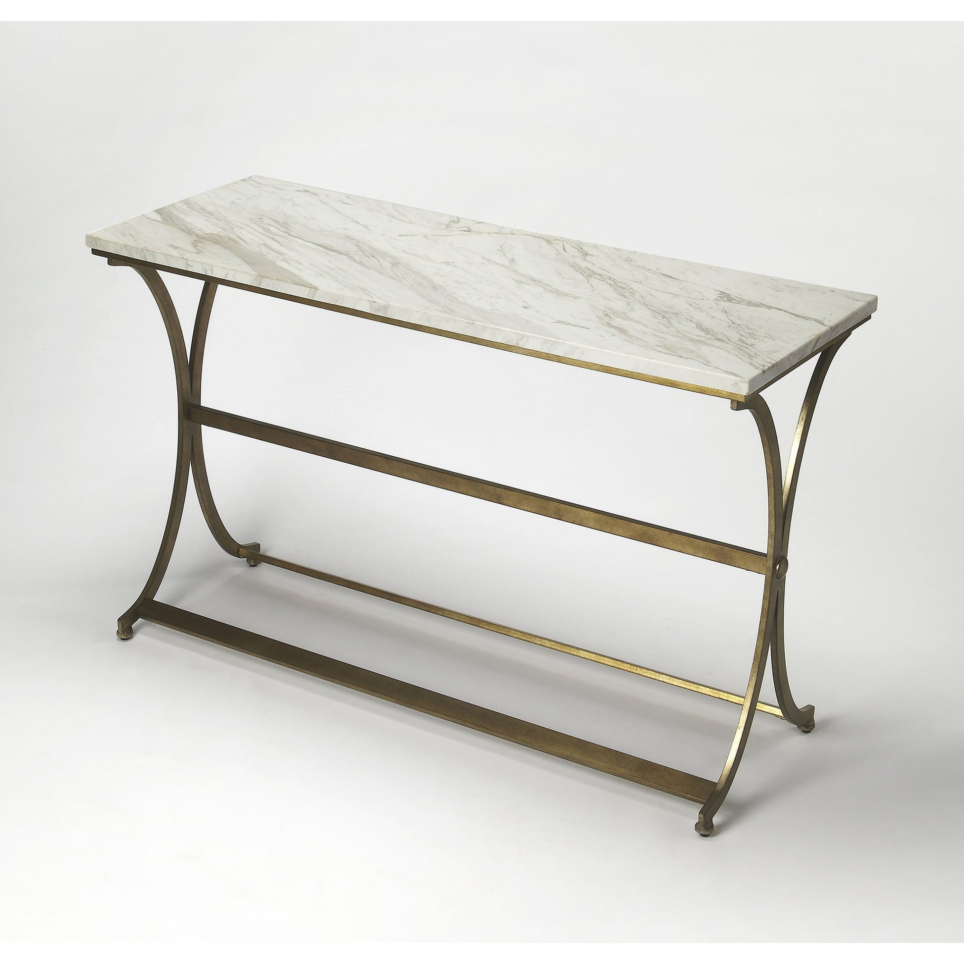 Pamina Travertine Console Table by Butler Specialty Company in gold and antique gold. Made from travertine top: kala, metal in a modern style.