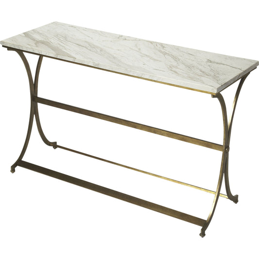 Pamina Travertine Console Table by Butler Specialty Company in gold and antique gold. Made from travertine top: kala, metal in a modern style.