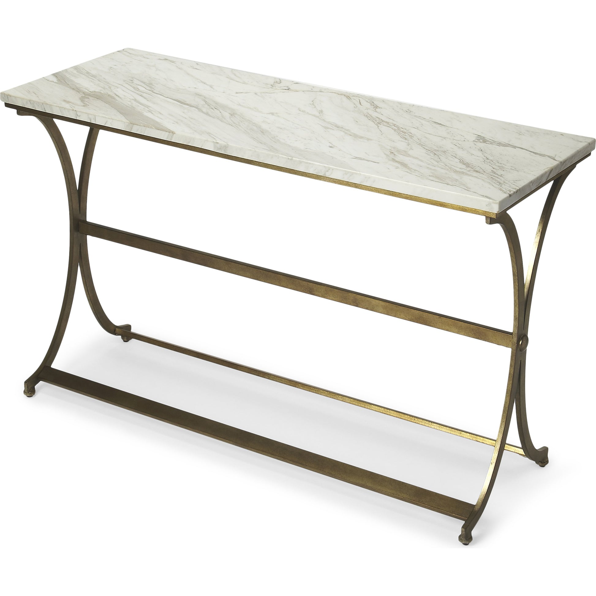 Pamina Travertine Console Table by Butler Specialty Company in gold and antique gold. Made from travertine top: kala, metal in a modern style.