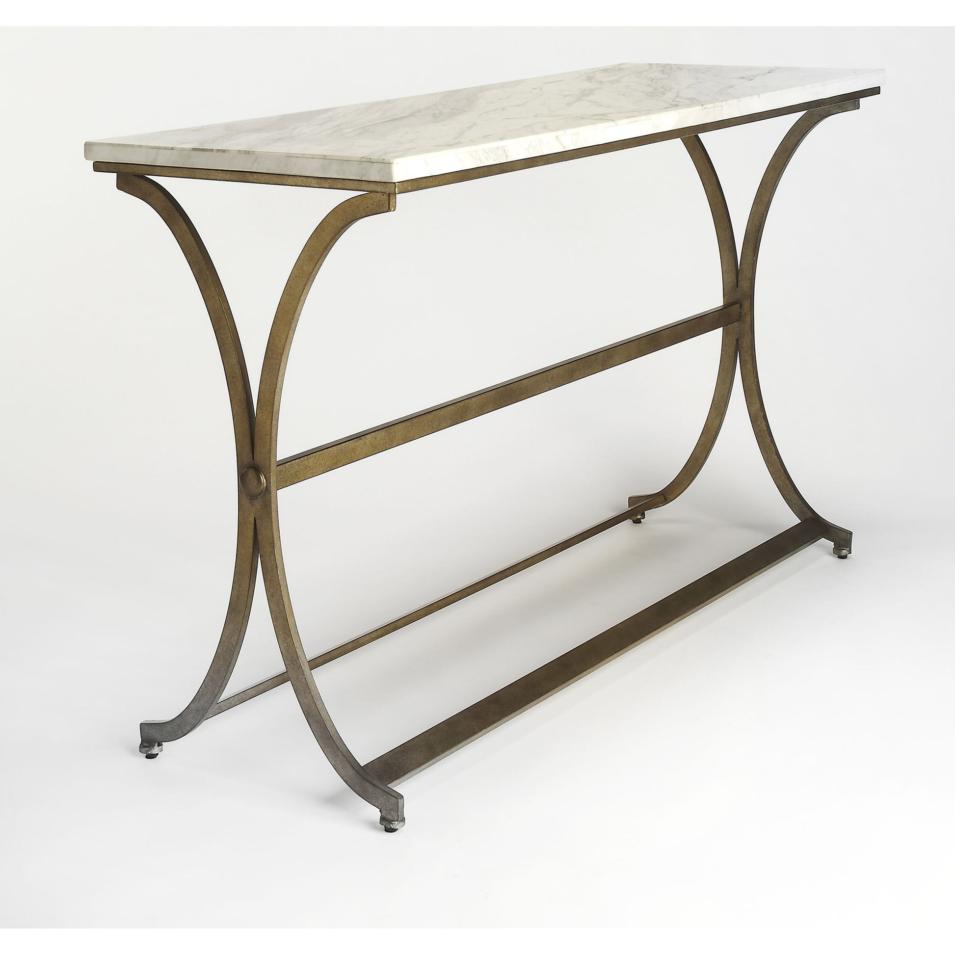 Pamina Travertine Console Table by Butler Specialty Company in gold and antique gold. Made from travertine top: kala, metal in a modern style.