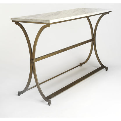 Pamina Travertine Console Table by Butler Specialty Company in gold and antique gold. Made from travertine top: kala, metal in a modern style.