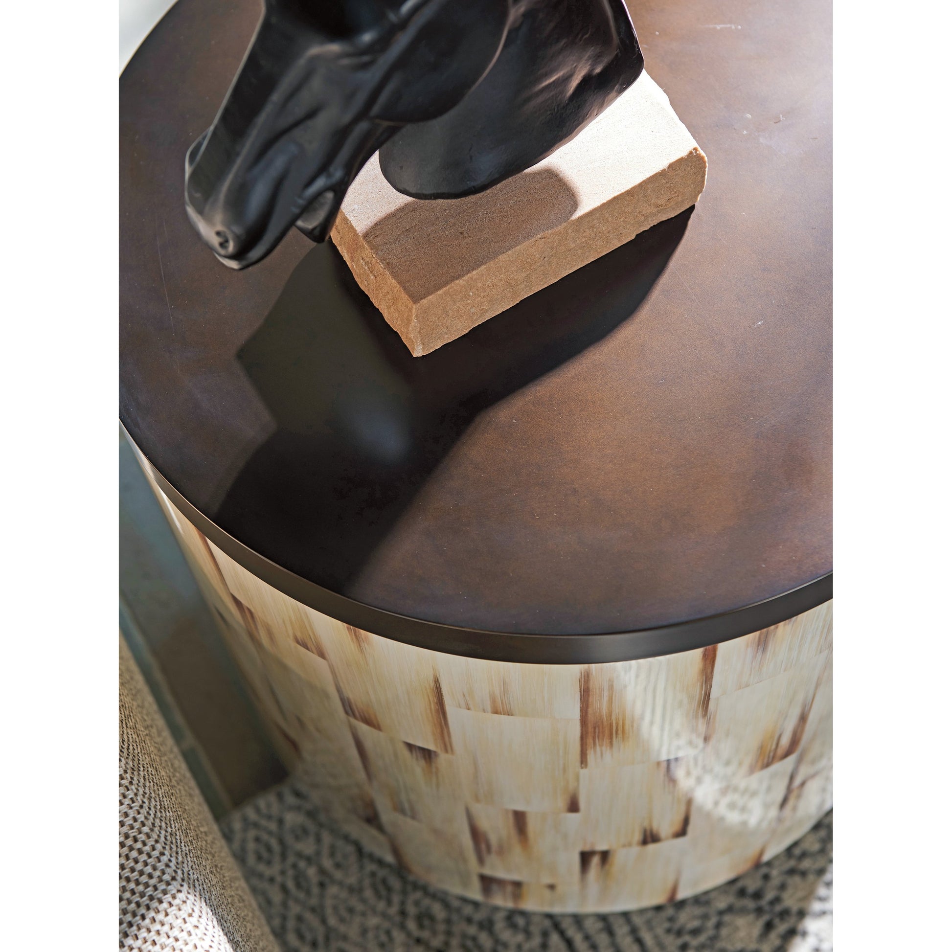 Crescent Commode End Table by Barclay Butera in burnished bronze. Made from unique in a rustic style.
