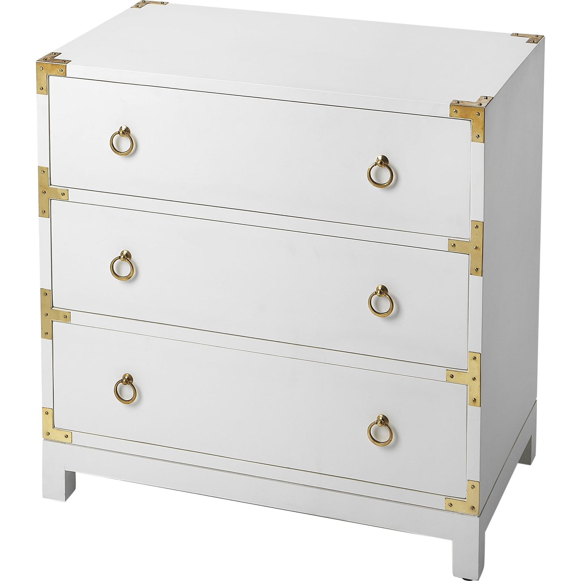 Forster Chest by Butler Specialty Company in white and glossy white. Made from mango wood solids, mdf, polished gold finished hardware in a modern style.