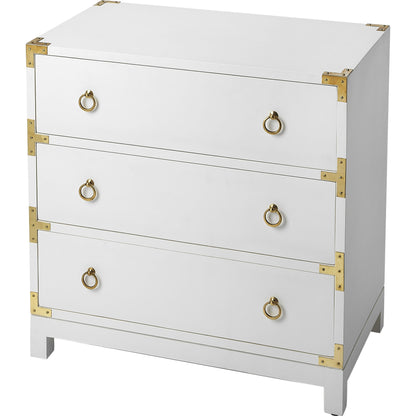Forster Chest by Butler Specialty Company in white and glossy white. Made from mango wood solids, mdf, polished gold finished hardware in a modern style.