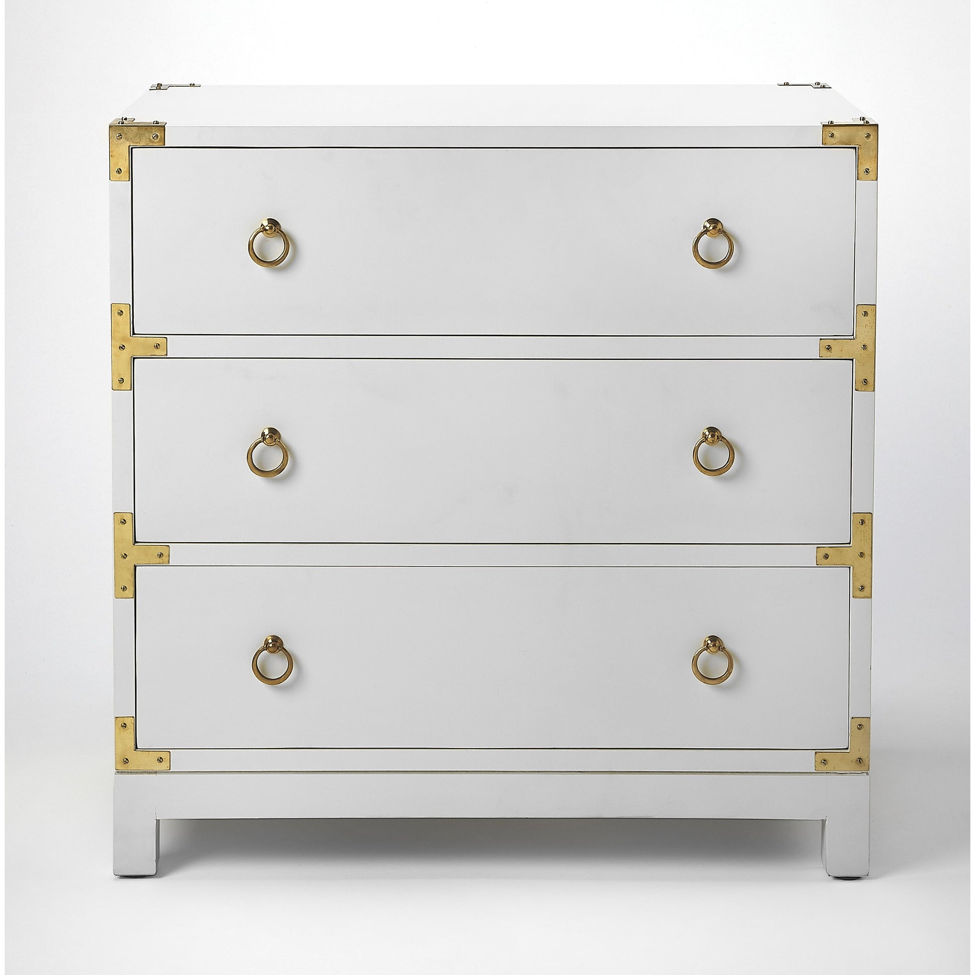 Forster Chest by Butler Specialty Company in white and glossy white. Made from mango wood solids, mdf, polished gold finished hardware in a modern style.