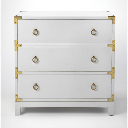 Forster Chest by Butler Specialty Company in white and glossy white. Made from mango wood solids, mdf, polished gold finished hardware in a modern style.