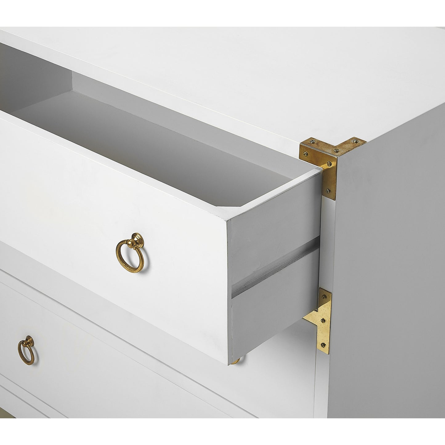 006 S-346236 | Closeup | Forster Chest by Butler Specialty Company in white and glossy white. Made from mango wood solids, mdf, polished gold finished hardware in a modern style.