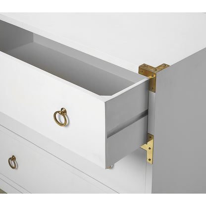 Forster Chest by Butler Specialty Company in white and glossy white. Made from mango wood solids, mdf, polished gold finished hardware in a modern style.