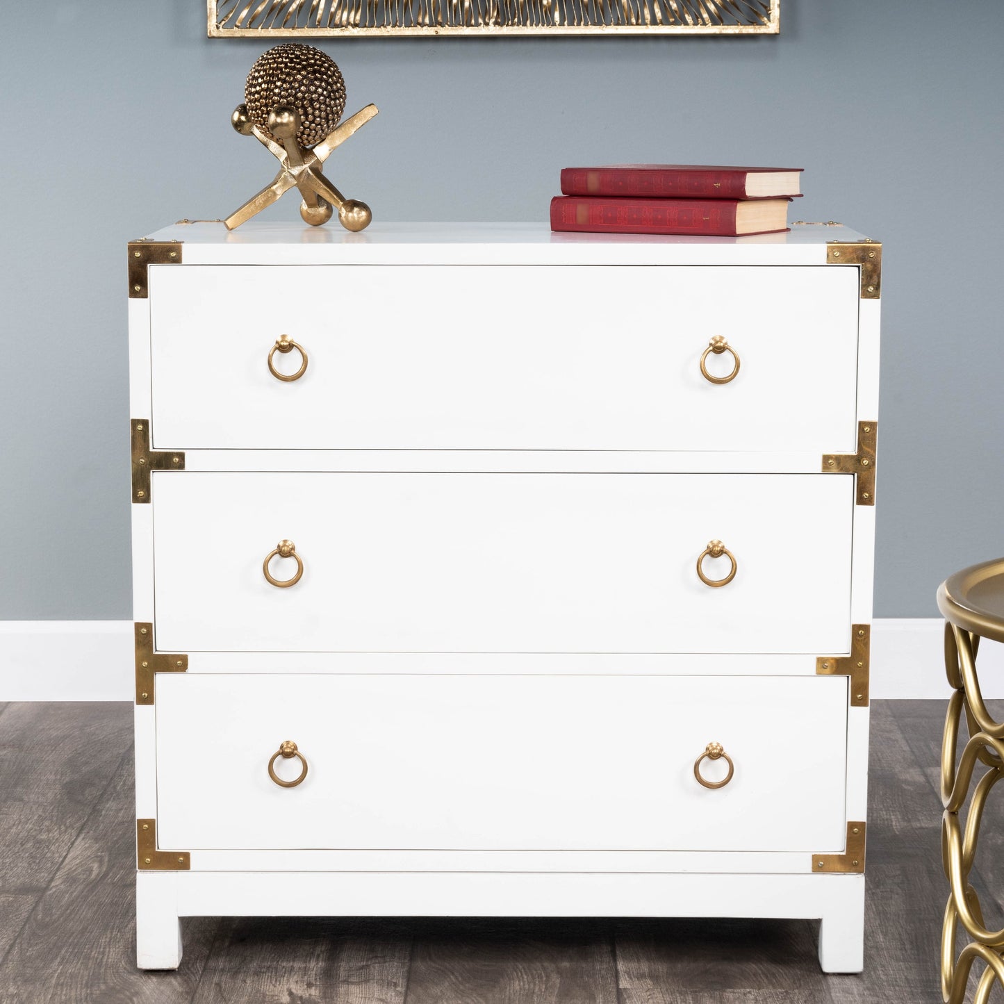 011 S-346236 | Lifestyle | Forster Chest by Butler Specialty Company in white and glossy white. Made from mango wood solids, mdf, polished gold finished hardware in a modern style.