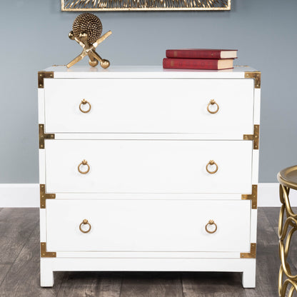 Forster Chest by Butler Specialty Company in white and glossy white. Made from mango wood solids, mdf, polished gold finished hardware in a modern style.
