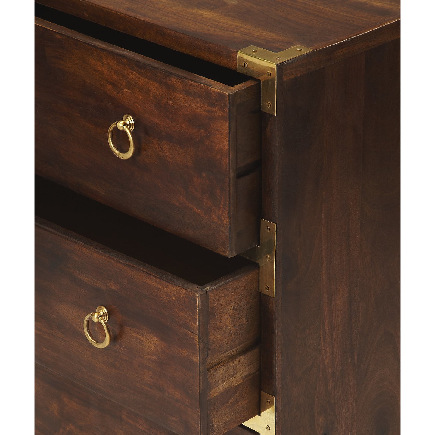 005 O-BUTLER-9337354 | Closeup | Forster Campaign Chest by Butler Specialty Company in dark brown and brown. Made from mango wood solids, mdf in a traditional style.