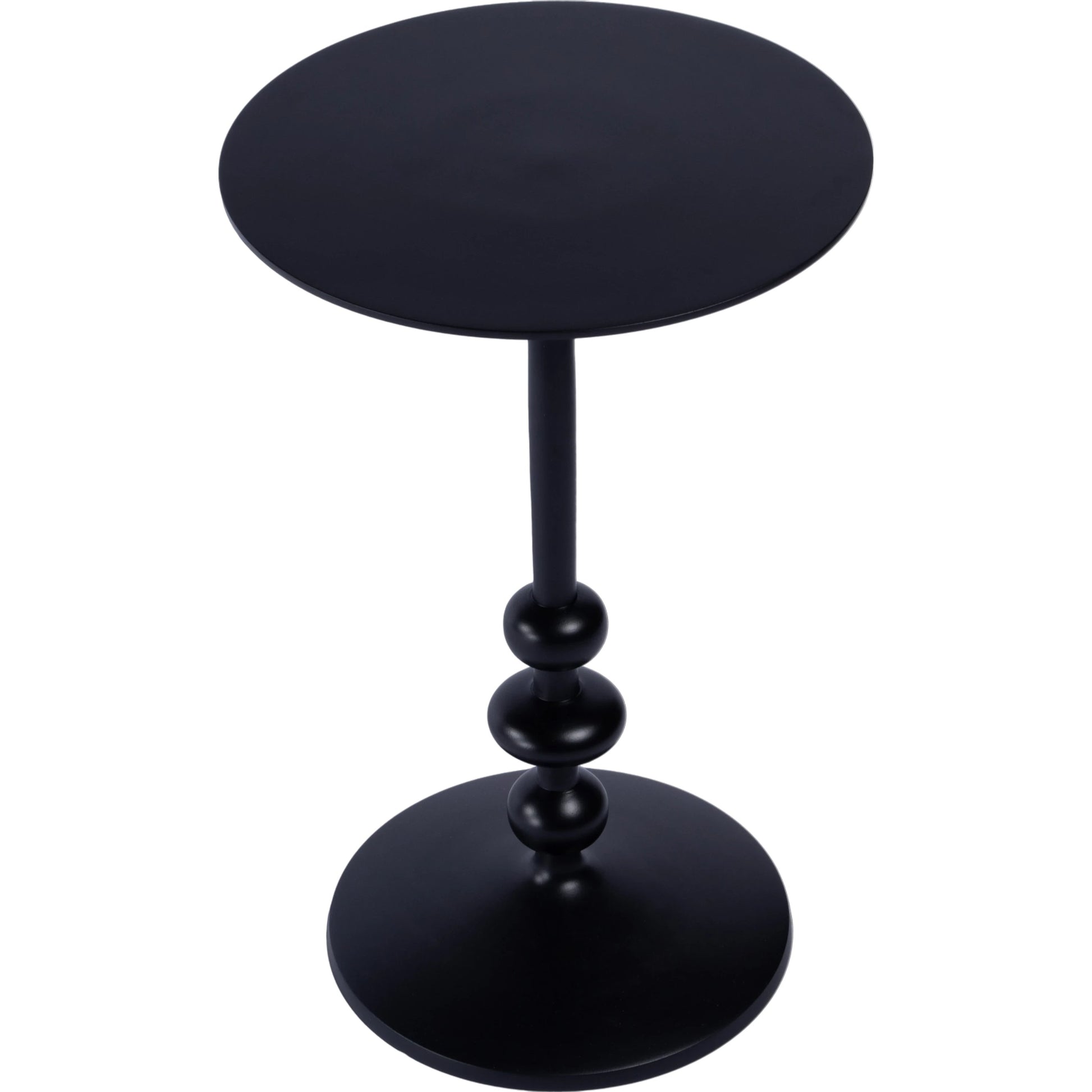 Zora Distressed Iron Pedestal Side Table by Butler Specialty Company in black and metalworks. Made from aluminum in a modern style.