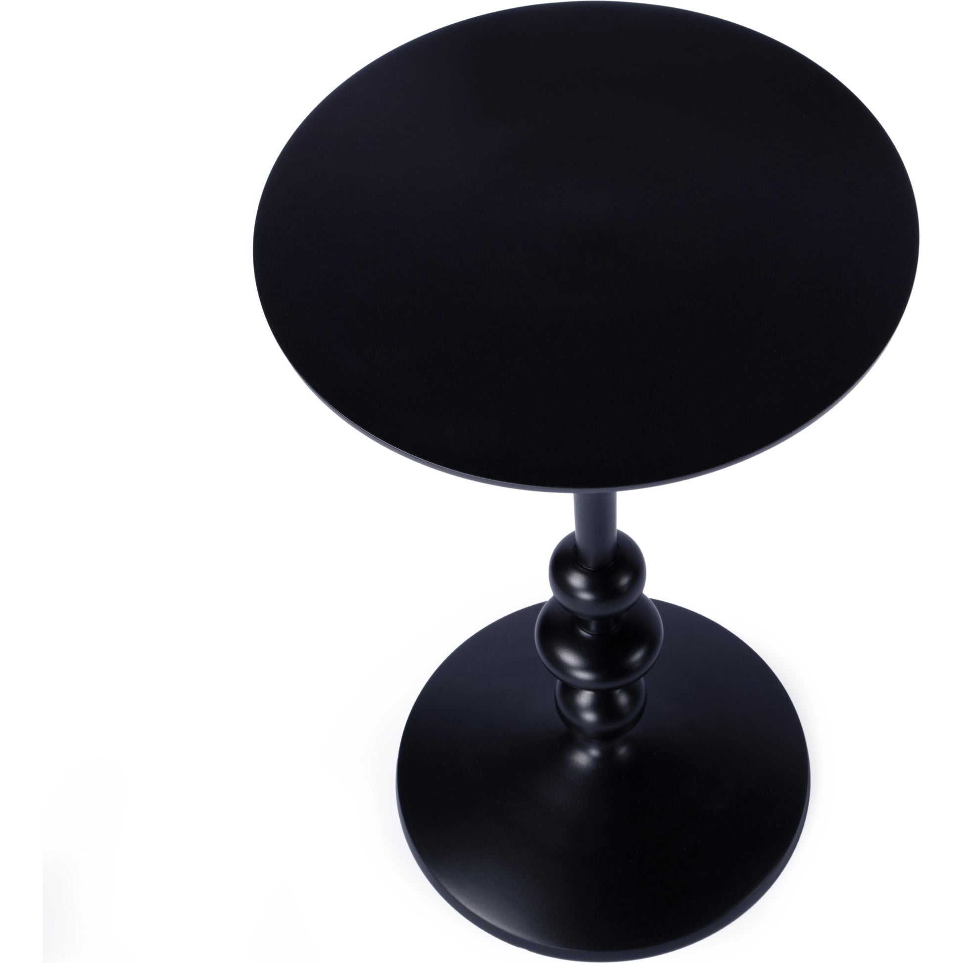 Zora Distressed Iron Pedestal Side Table by Butler Specialty Company in black and metalworks. Made from aluminum in a modern style.
