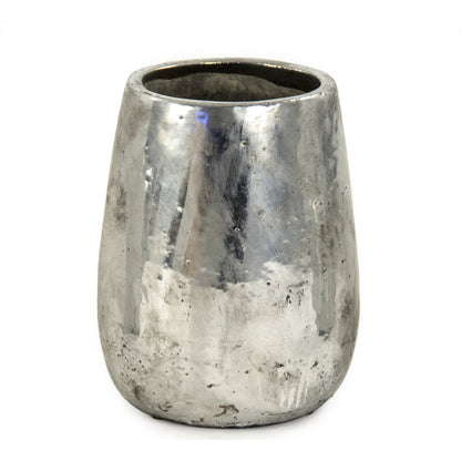 Distressed Metallic Vase by Zentique in distressed metallic silver. Made from stoneware in a transitional style.