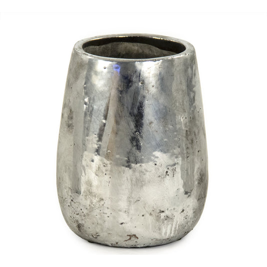Distressed Metallic Vase by Zentique in distressed metallic silver. Made from stoneware in a transitional style.