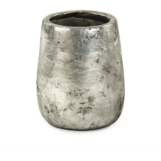 Distressed Metallic Vase by Zentique in distressed metallic silver. Made from stoneware in a transitional style.