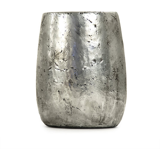 Distressed Metallic Vase by Zentique in distressed metallic silver. Made from stoneware in a transitional style.
