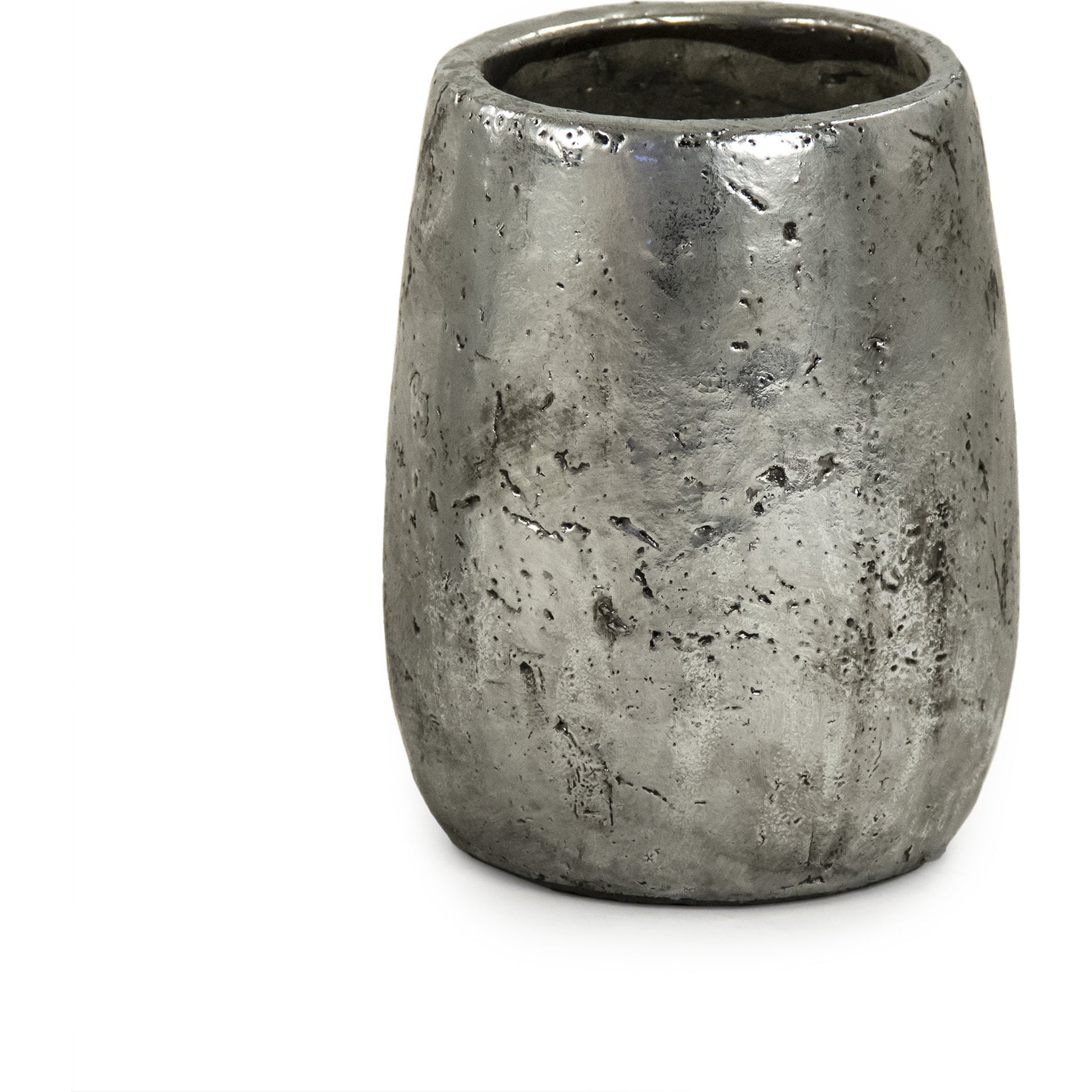 Distressed Metallic Vase by Zentique in distressed metallic silver. Made from stoneware in a transitional style.