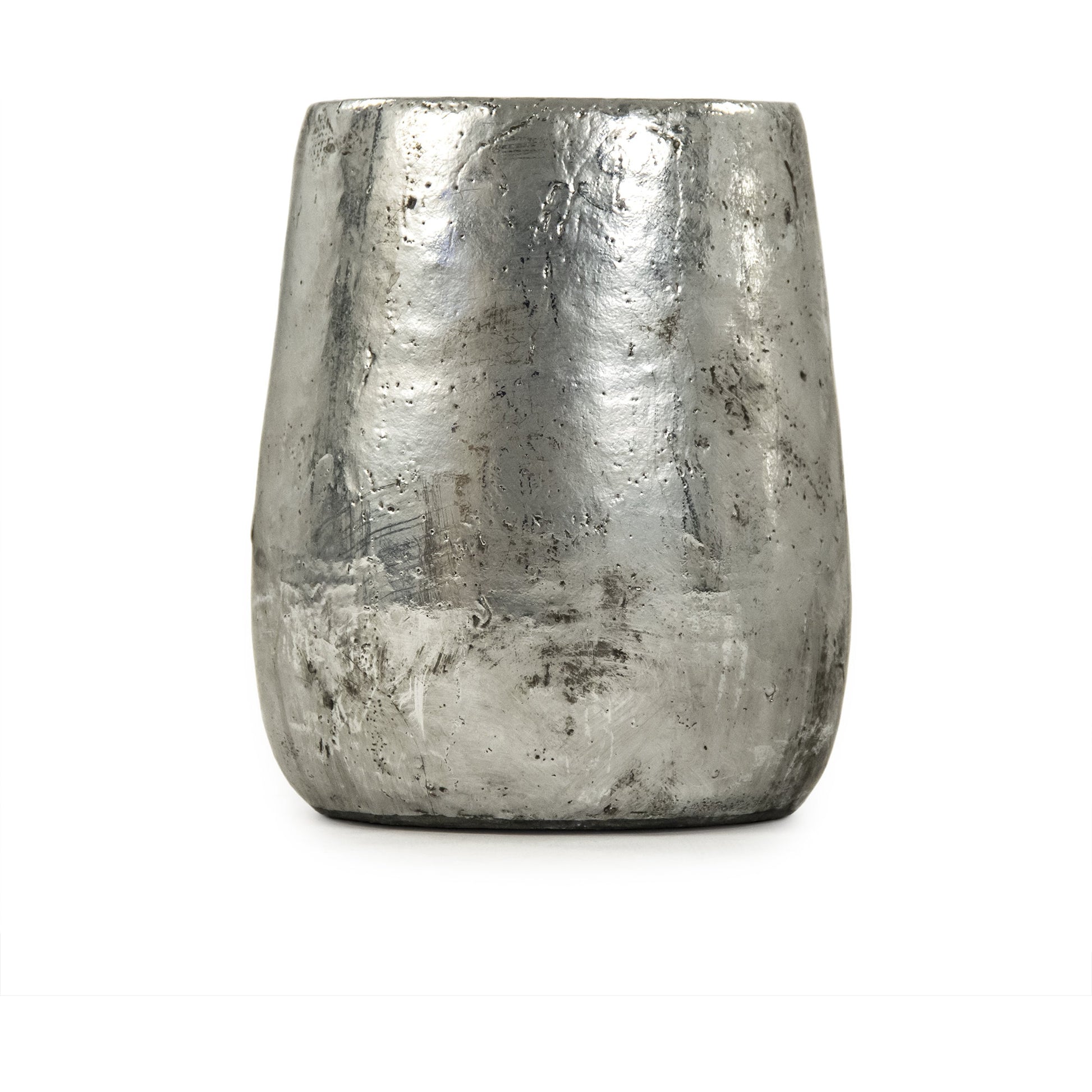 Distressed Metallic Vase by Zentique in distressed metallic silver. Made from stoneware in a transitional style.
