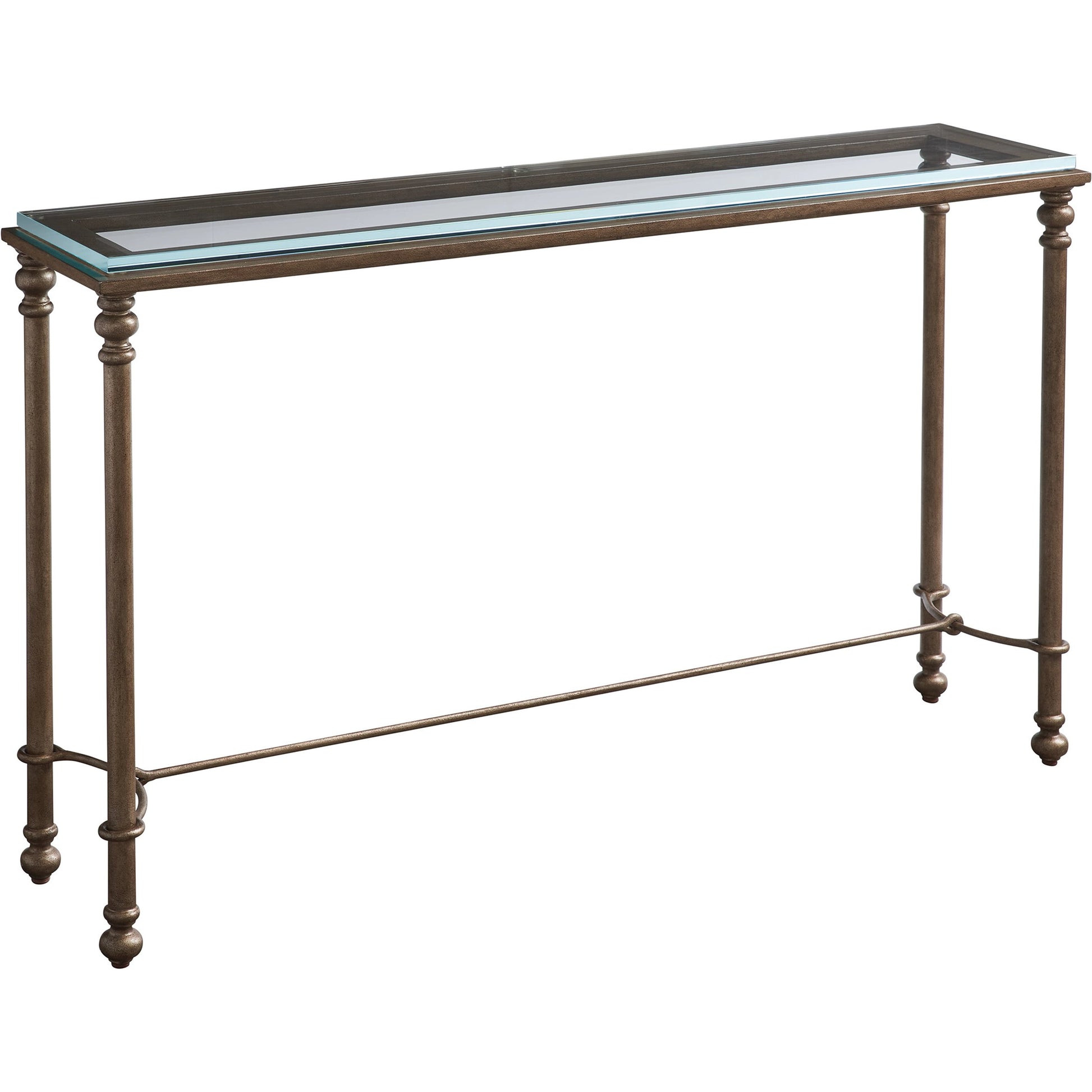 Bluff Console by Lexington in burnished brass. Made from unique in a transitional style.