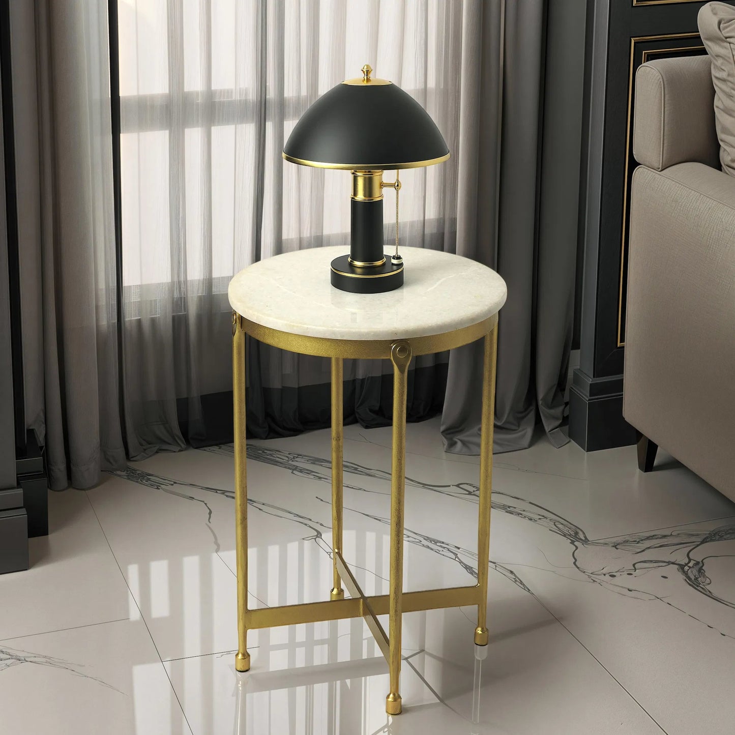 003 S-242739 | Lifestyle | Claypool White Marble End Table by Butler Specialty Company in gold and metalworks. Made from iron, mdf, marble in a modern style.
