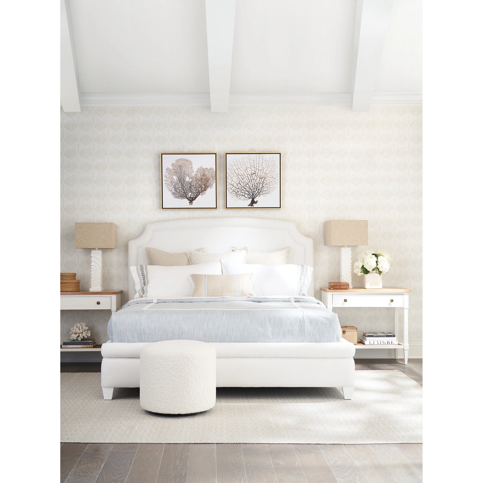 Avalon Upholstered Bed by Barclay Butera in white and fresh pearl. Made from unique in a transitional style.
