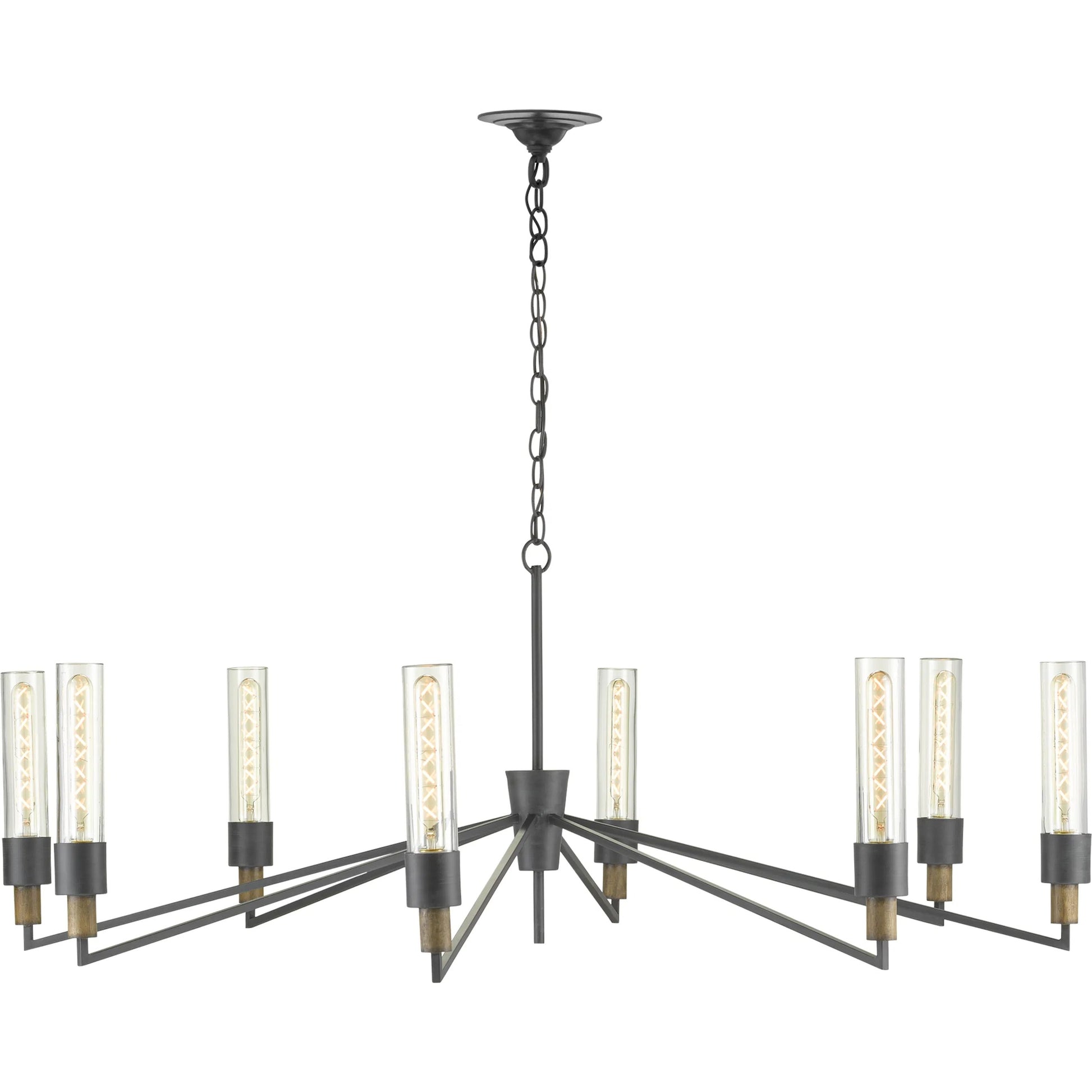 Delgado Chandelier by Currey and Company in antique black, reclaimed wood. Made from wrought iron, wood, recycled glass in a modern style.