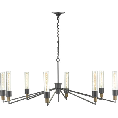Delgado Chandelier by Currey and Company in antique black, reclaimed wood. Made from wrought iron, wood, recycled glass in a modern style.