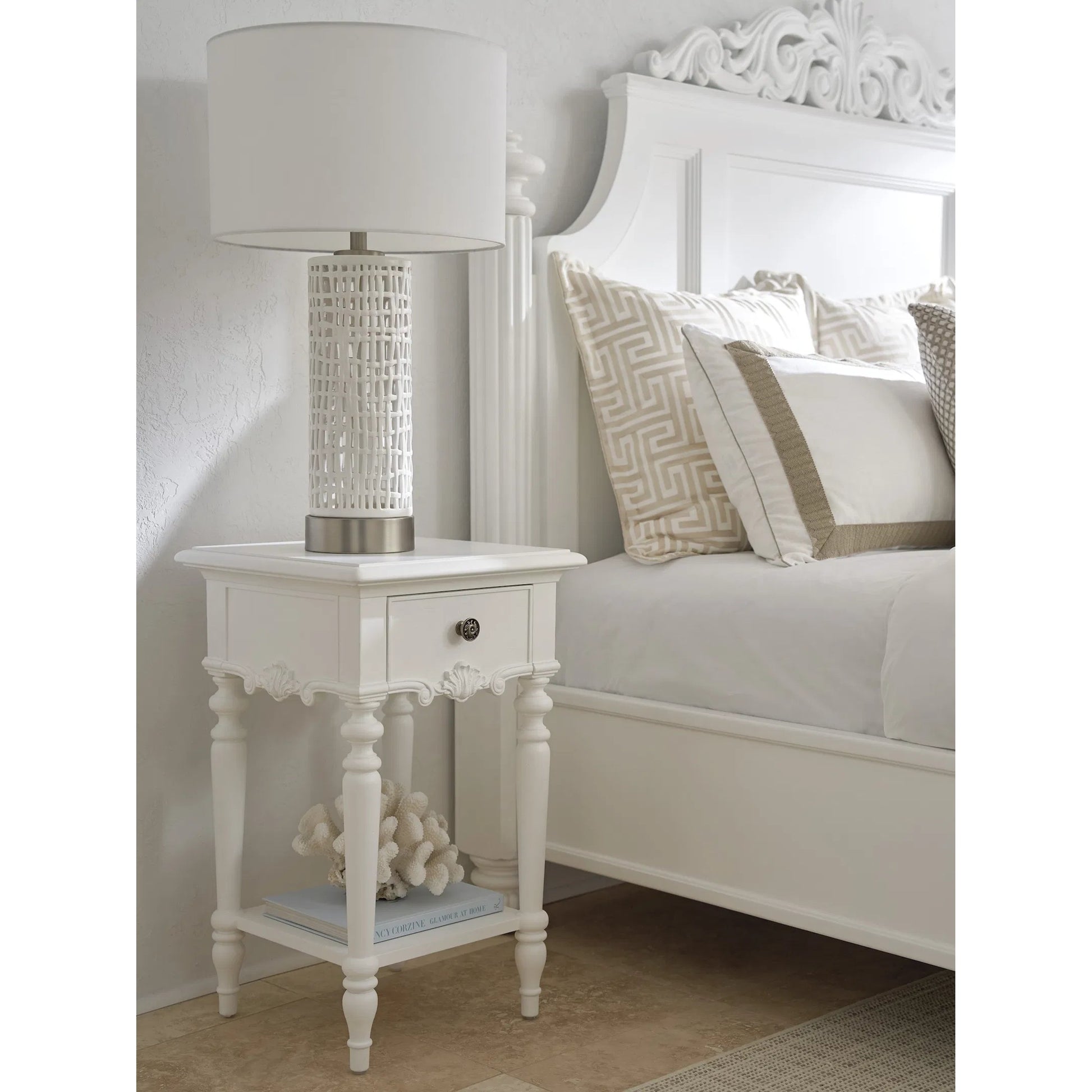 Genoa Night Table by Barclay Butera in polo mallet white. Made from unique in a unique style.