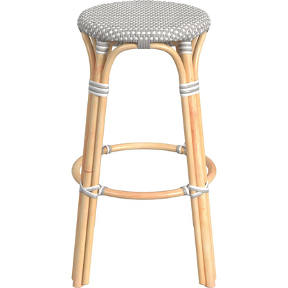 Tobias Wood Bar Stool by Butler Specialty Company. Made from rattan, polyurethane synthetic rattan in a coastal style.