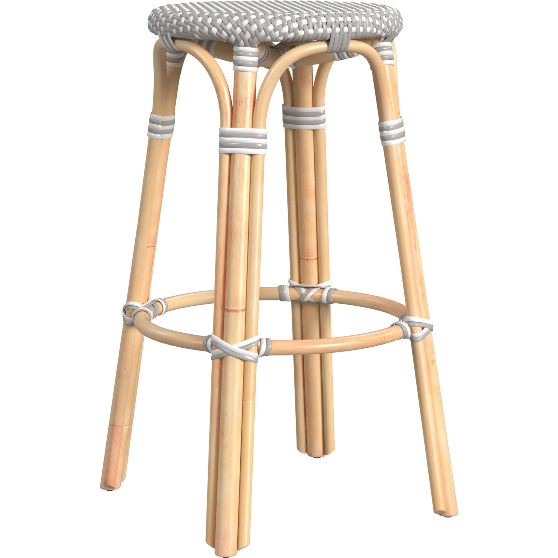 Tobias Wood Bar Stool by Butler Specialty Company. Made from rattan, polyurethane synthetic rattan in a coastal style.