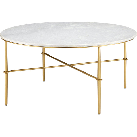 Kira Cocktail Table by Currey and Company in white, antique brass. Made from marble, iron in a modern style.