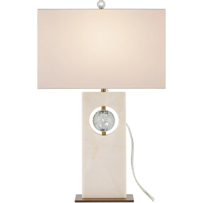 Radiant Table Lamp by Currey and Company in white, clear, antique brass. Made from white marble, glass, metal in a modern style.