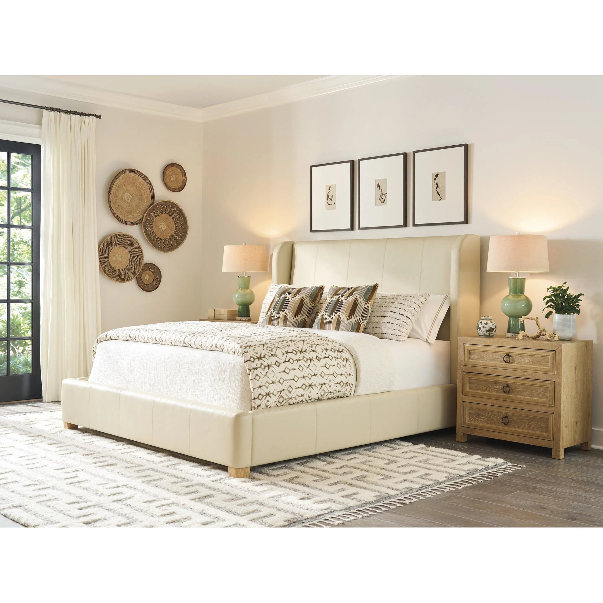 Casitas Nightstand by Barclay Butera in tan. Made from white oak in a unique style.