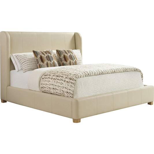 Summerland Leather Bed by Barclay Butera in cream and tan. Made from oak, leather in a unique style.