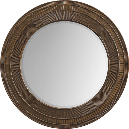 Elana Round Mirror by Barclay Butera in bronze. Made from white oak, glass in a unique style.