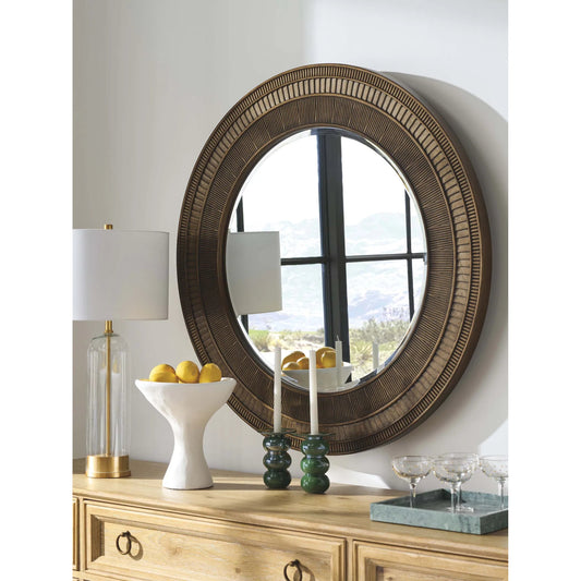 Elana Round Mirror by Barclay Butera in bronze. Made from white oak, glass in a unique style.