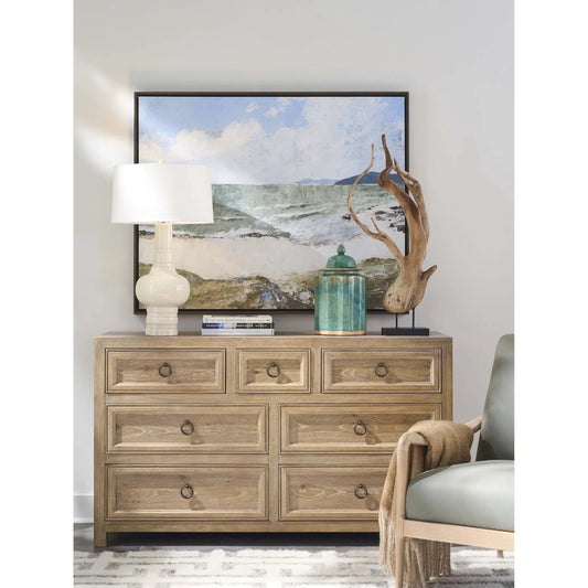 Sullivan Double Dresser by Barclay Butera in tan. Made from white oak in a unique style.