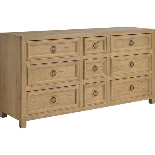 Hillcrest Triple Dresser by Barclay Butera in tan. Made from white oak in a unique style.