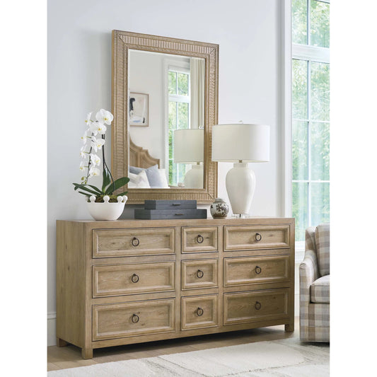 Hillcrest Triple Dresser by Barclay Butera in tan. Made from white oak in a unique style.